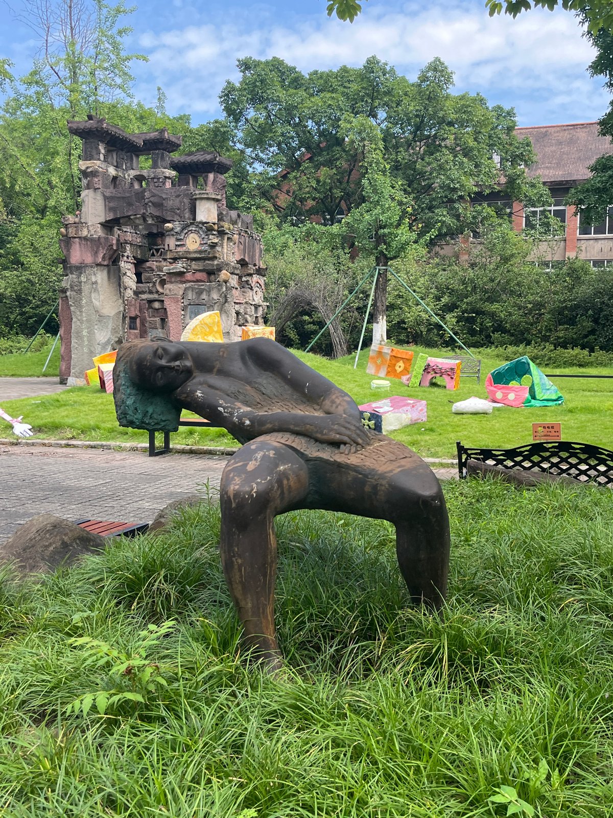 Festive decorations on public sculptures in Jiulongpo District