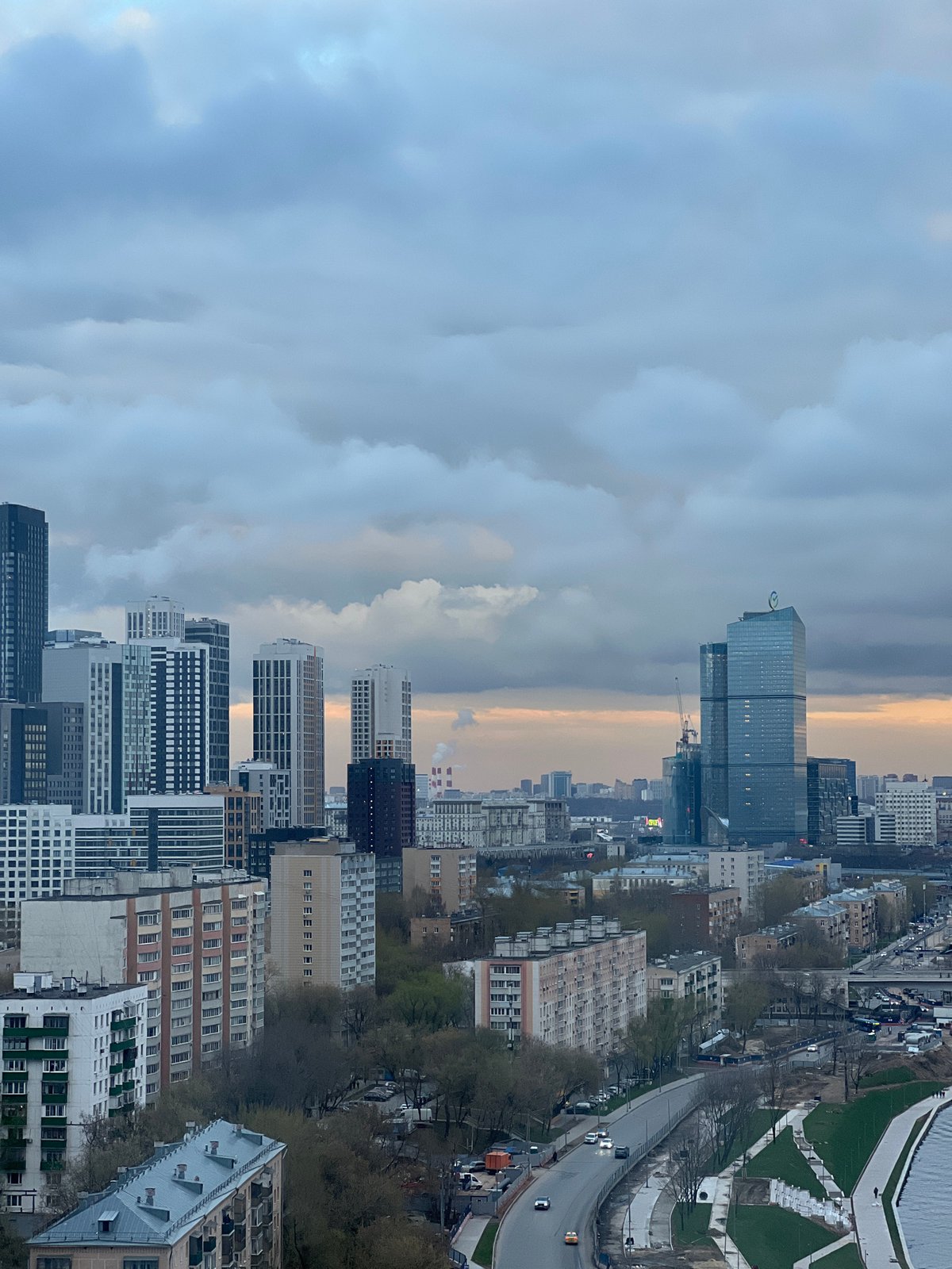 Aerial views capture Khimki cityscape under cloudy skies