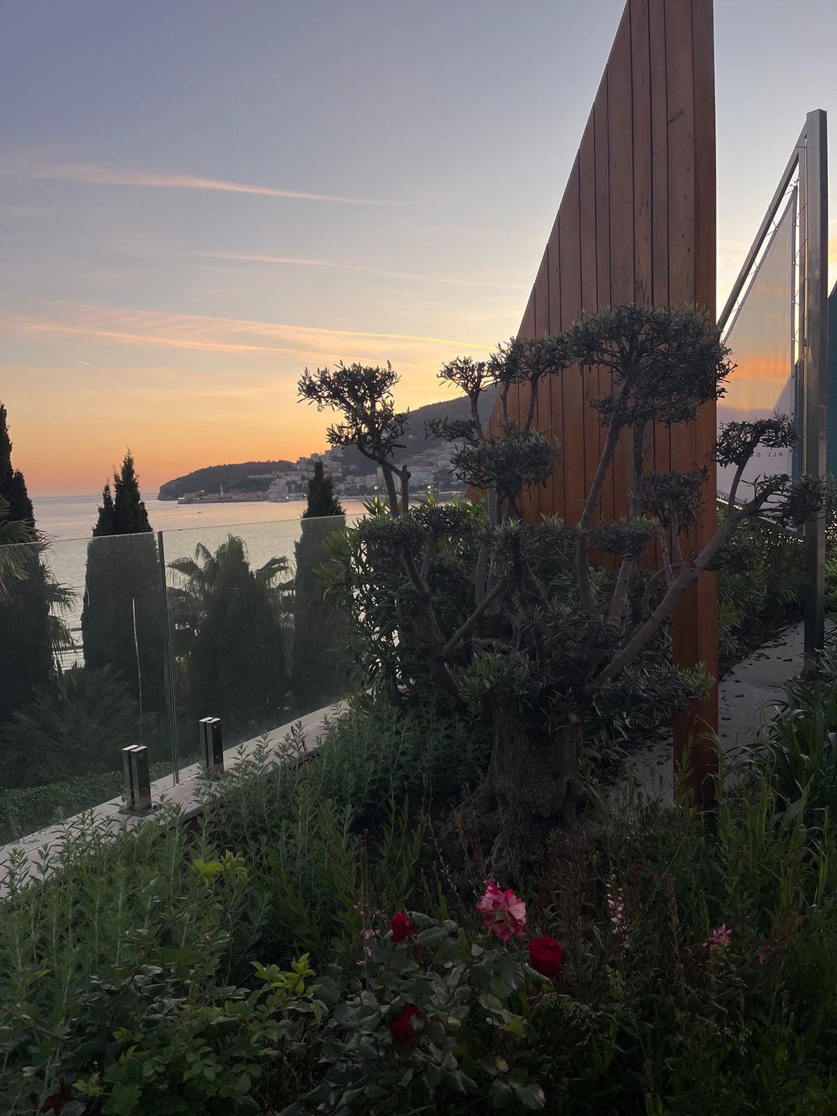 Sunset coastal view captured from elevated Budva, Montenegro