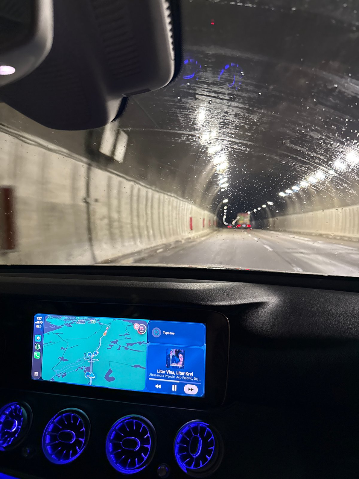 Vehicle passes through illuminated tunnel in Dolna Vasilitsa, Bulgaria
