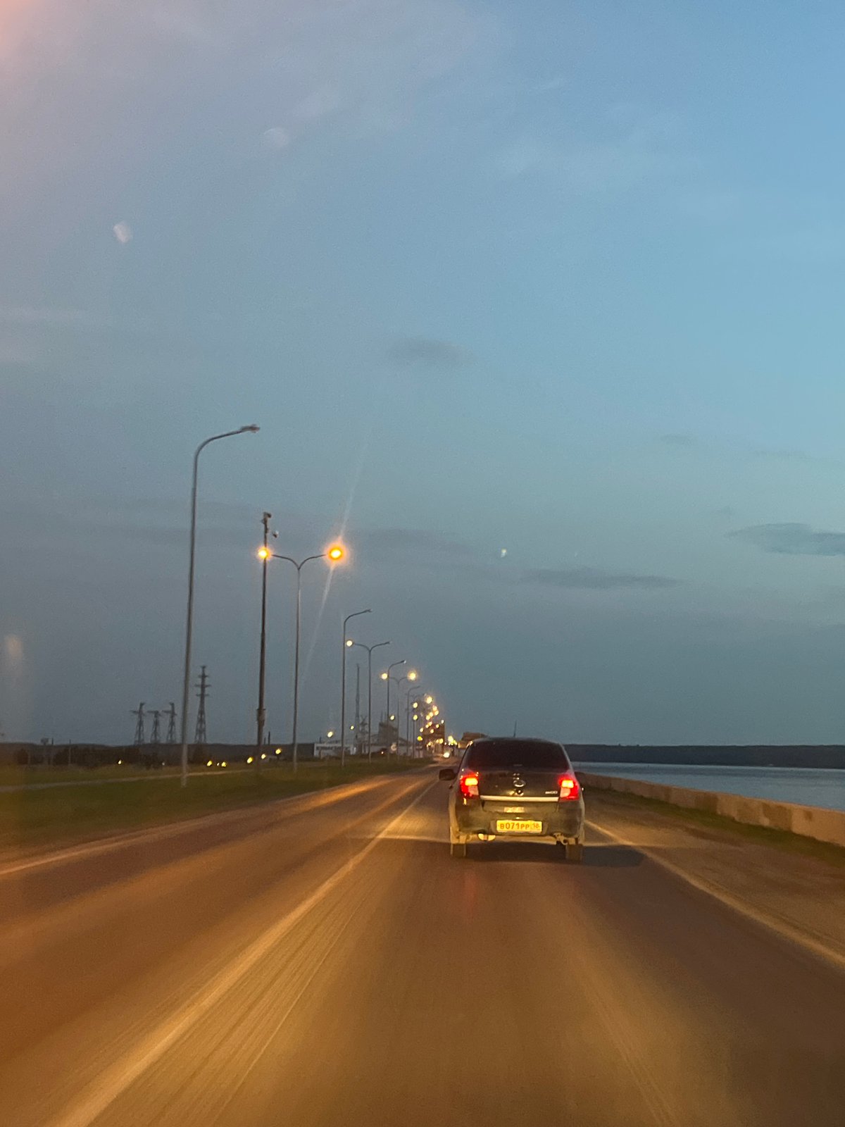 Sunset drive along Kama River in Chaikovsky, Russia