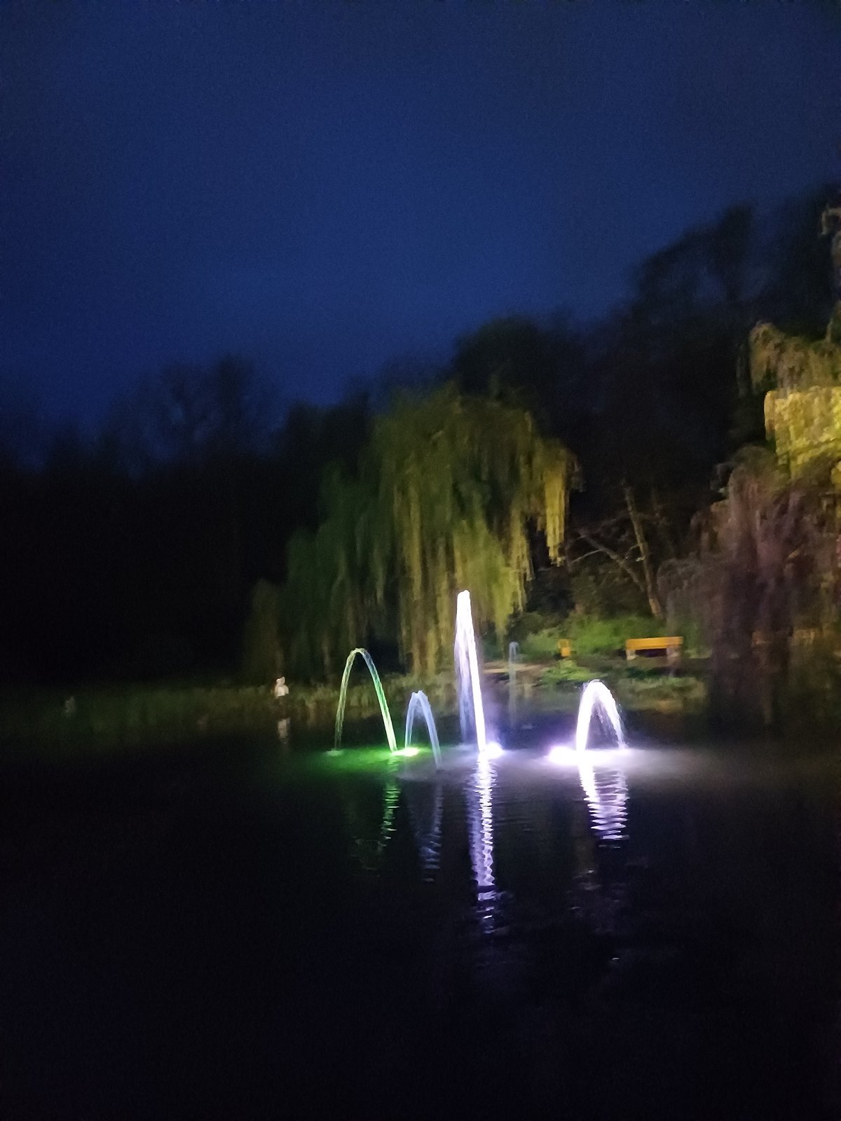 Nighttime water scene captured with colorful light installations