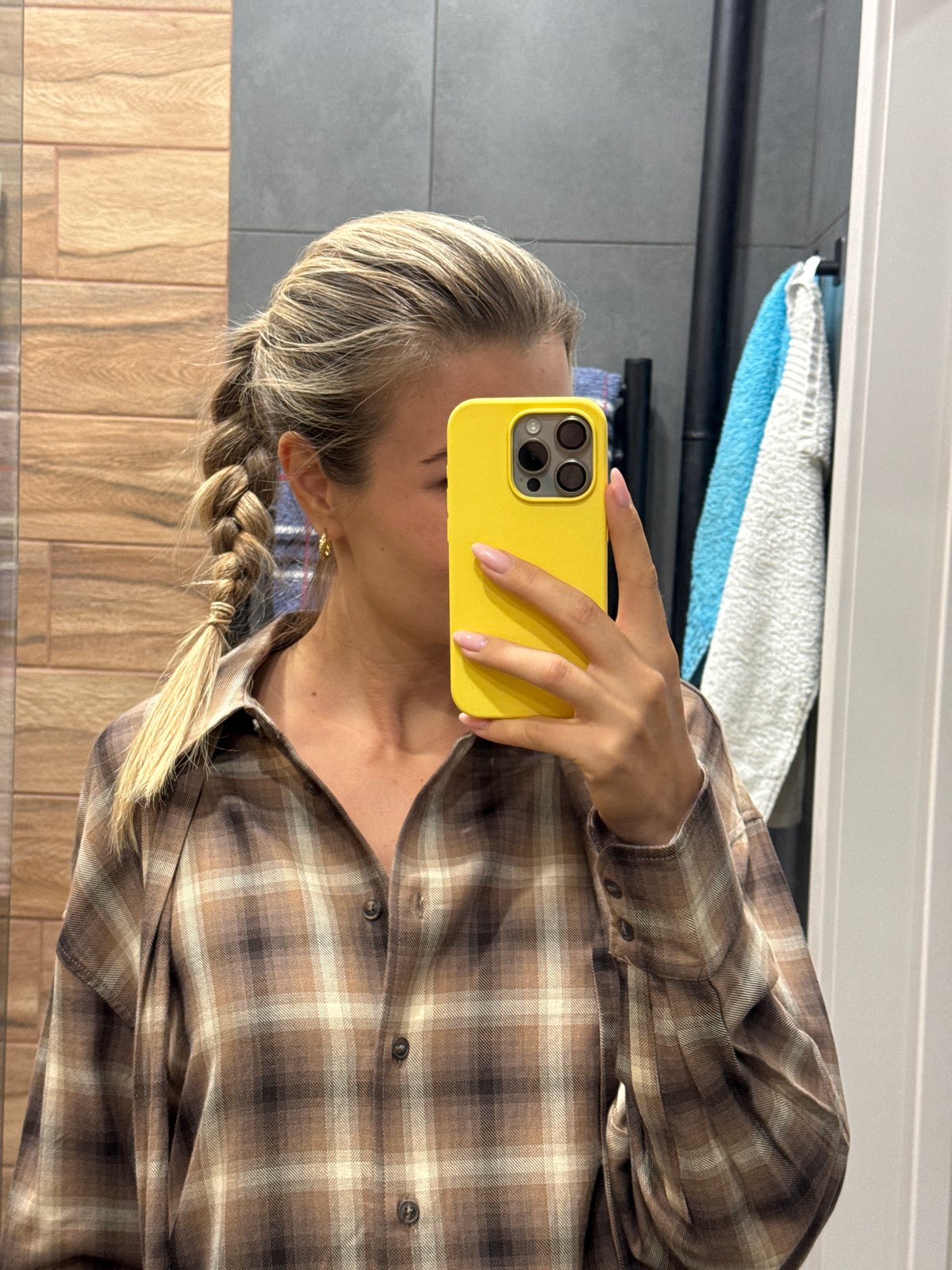 Woman in plaid shirt captured in casual moments