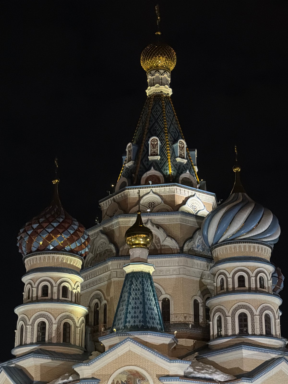 Night photography of illuminated Orthodox cathedrals in Izhevsk, Russia