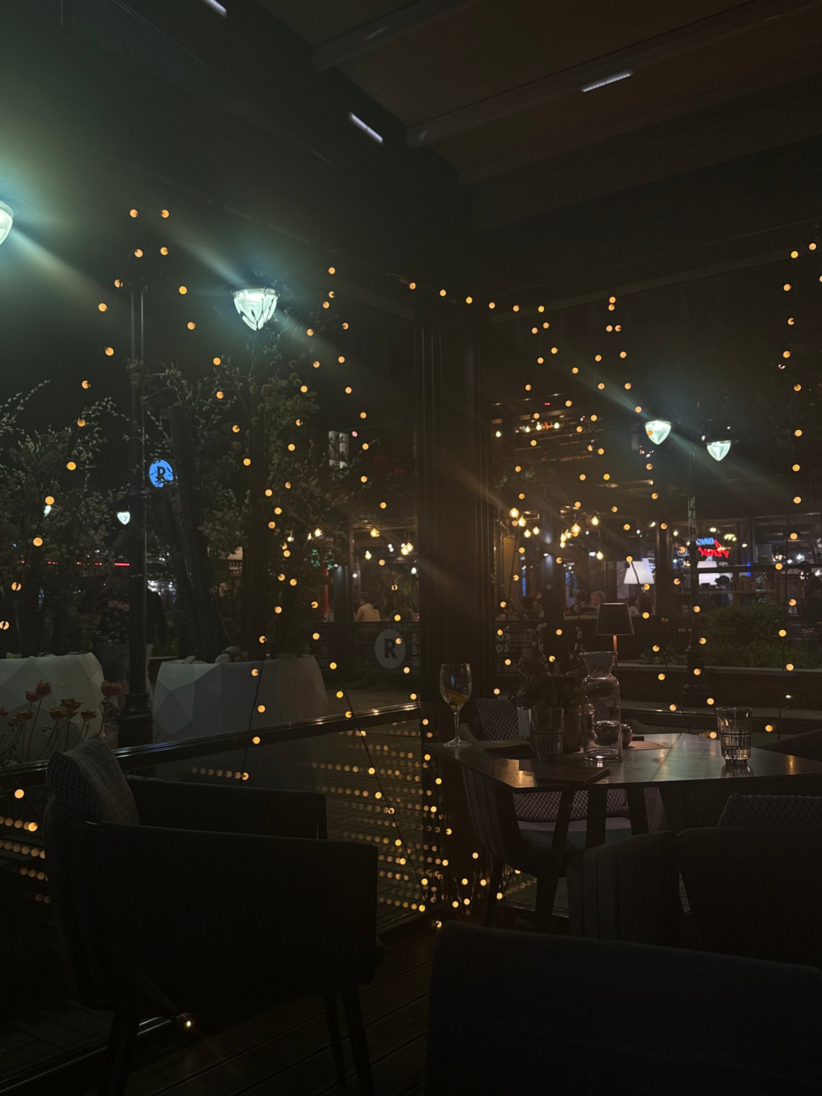 Evening dining setup documented at Sofia restaurant terrace