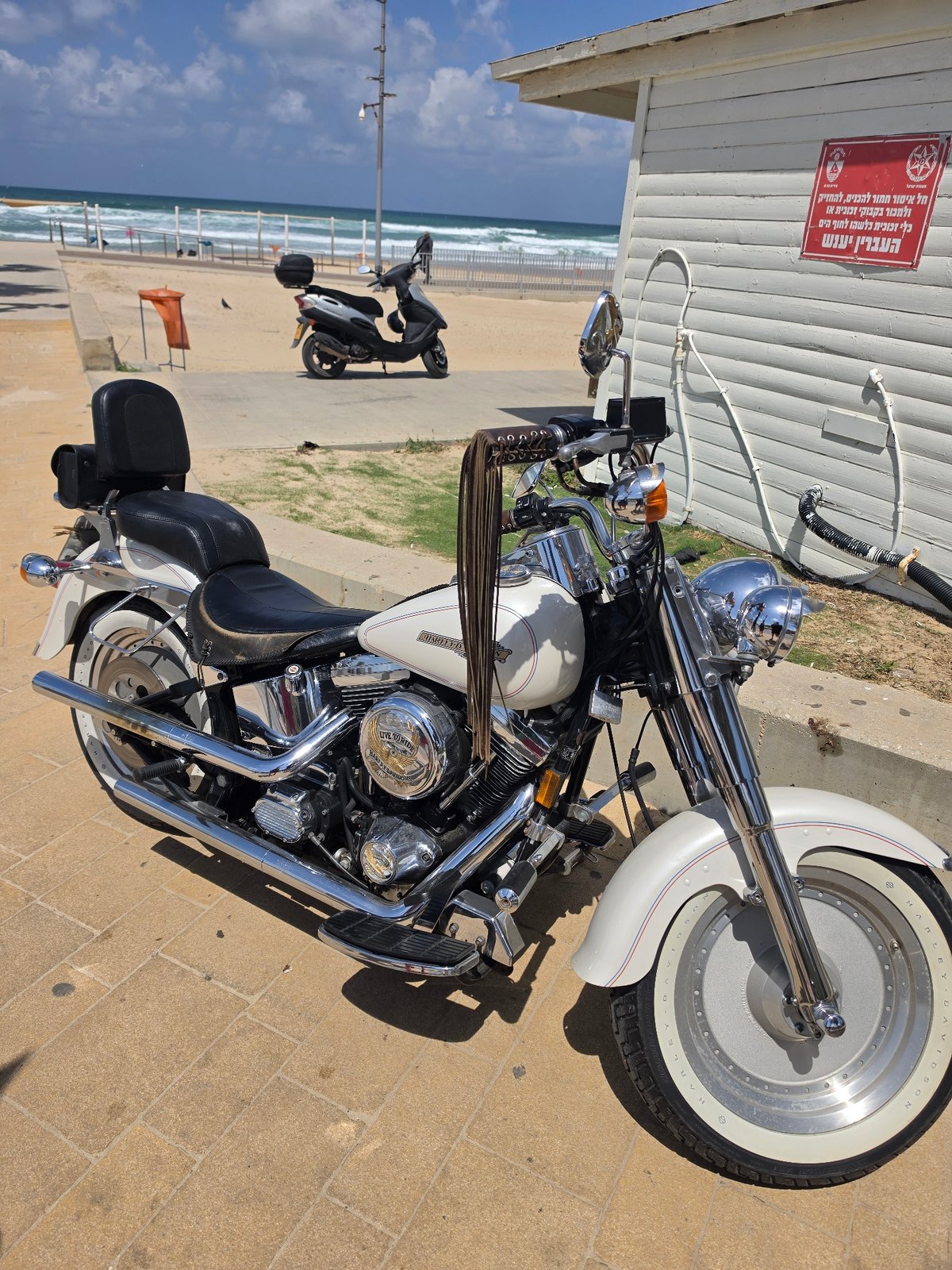Harley-Davidson motorcycle parked near Mediterranean beach in Bat Yam