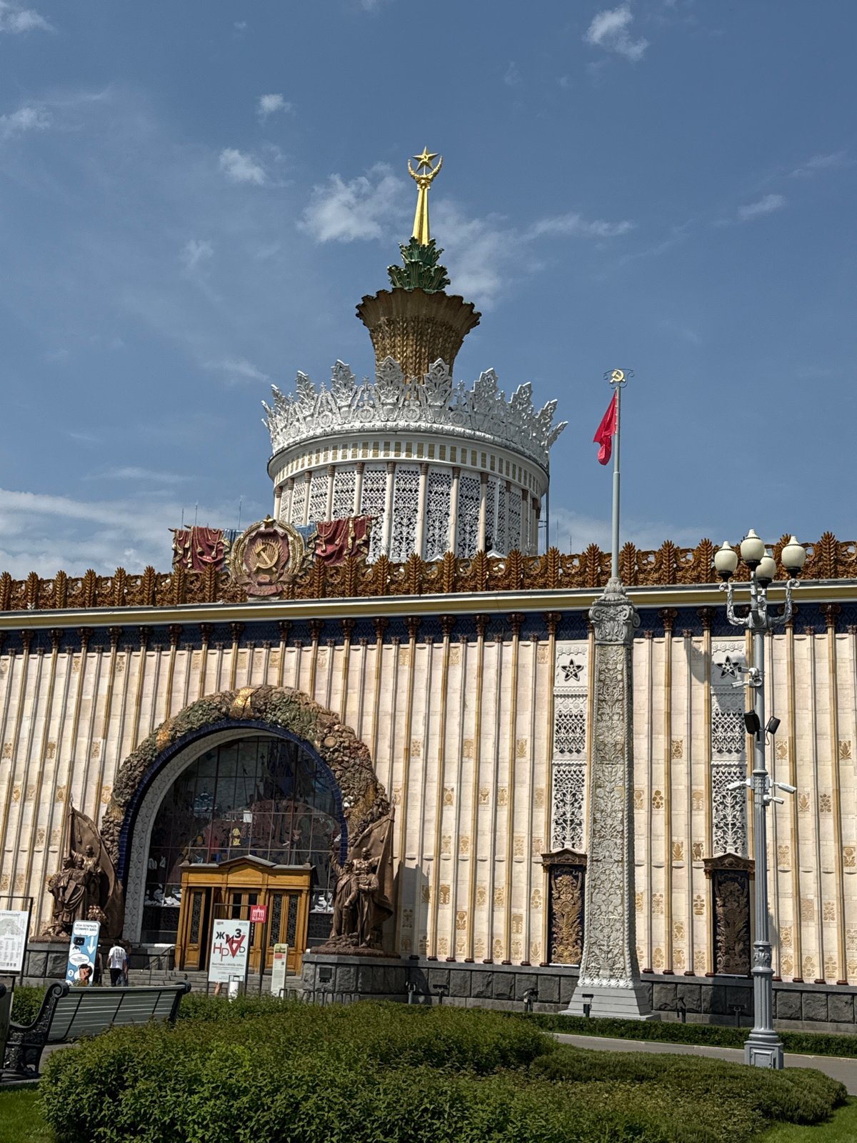 Morning visitors enjoy fountains and pavilions at Moscow's VDNKh park