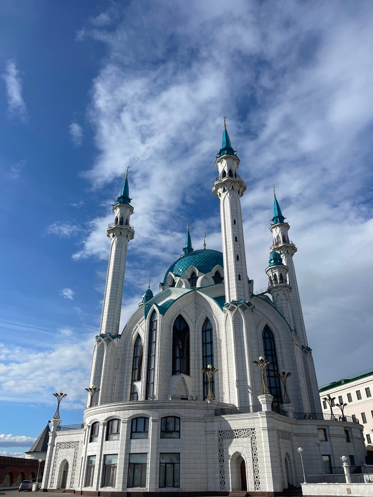 Ornate mosque and civic architecture documented under clear skies