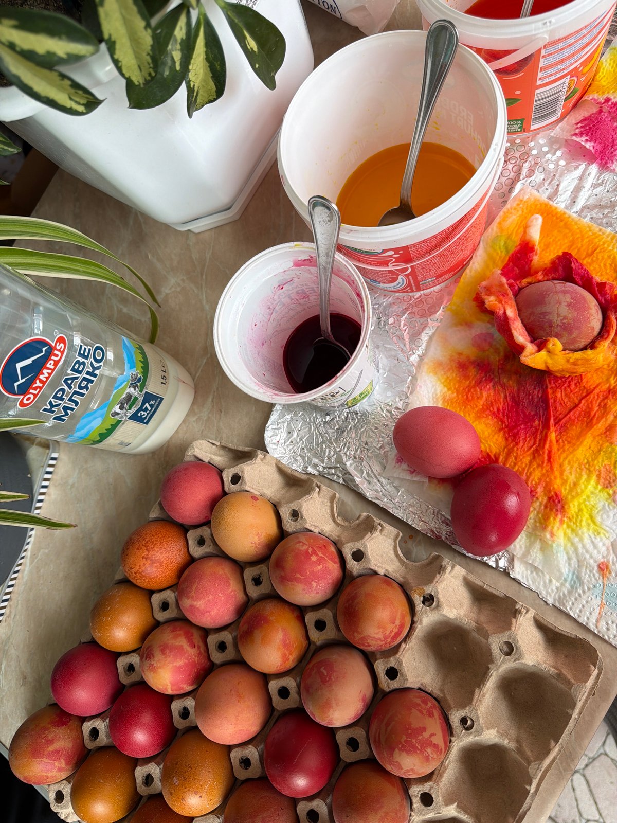 Easter egg dyeing session captured in Plovdiv, Bulgaria