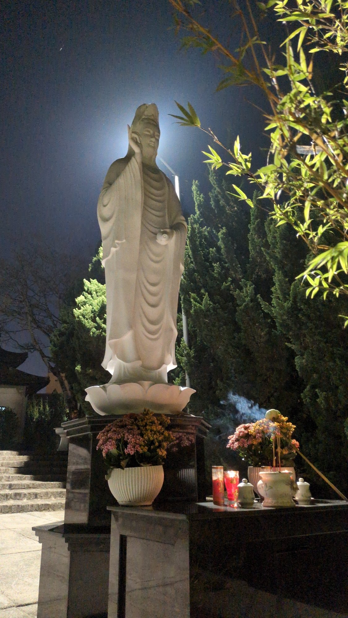 Nighttime Buddhist shrine documented in Da Lat, Vietnam