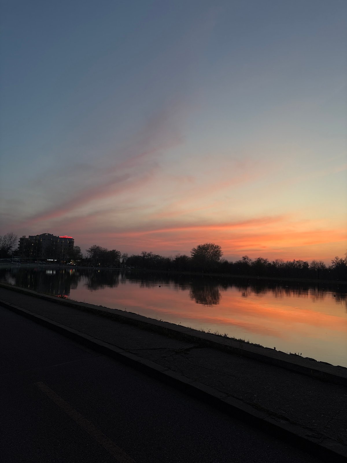 Evening sunset reflection captured in water in Plovdiv, Bulgaria