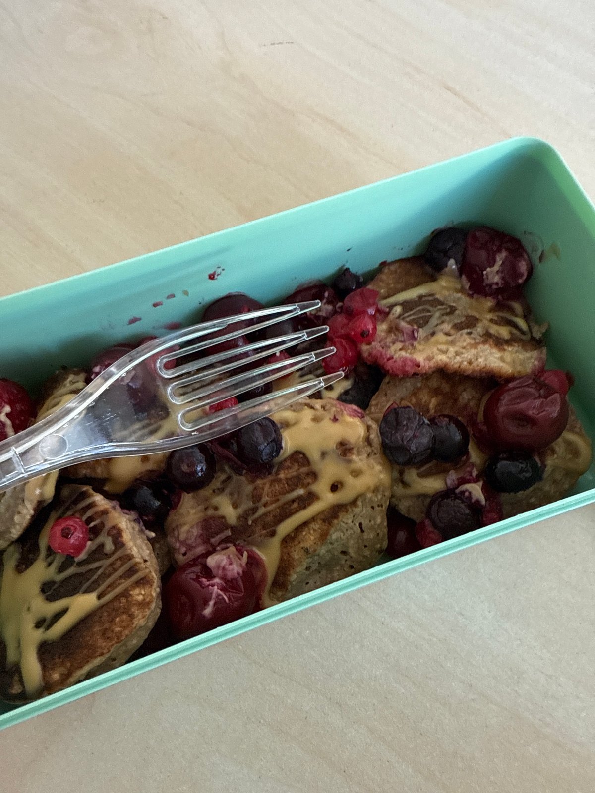 Breakfast pancakes with berries documented in Sofia morning