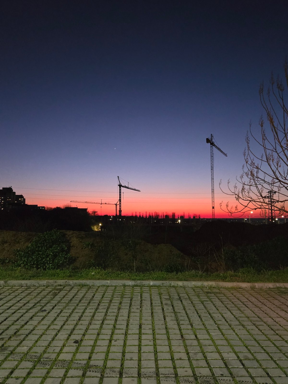 Construction cranes silhouetted against colorful evening sky in city