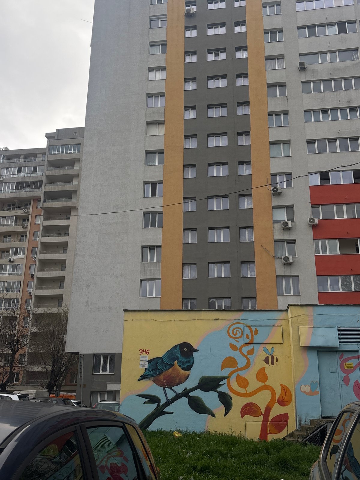 Urban scenes documented in Varna featuring apartment building, bird mural
