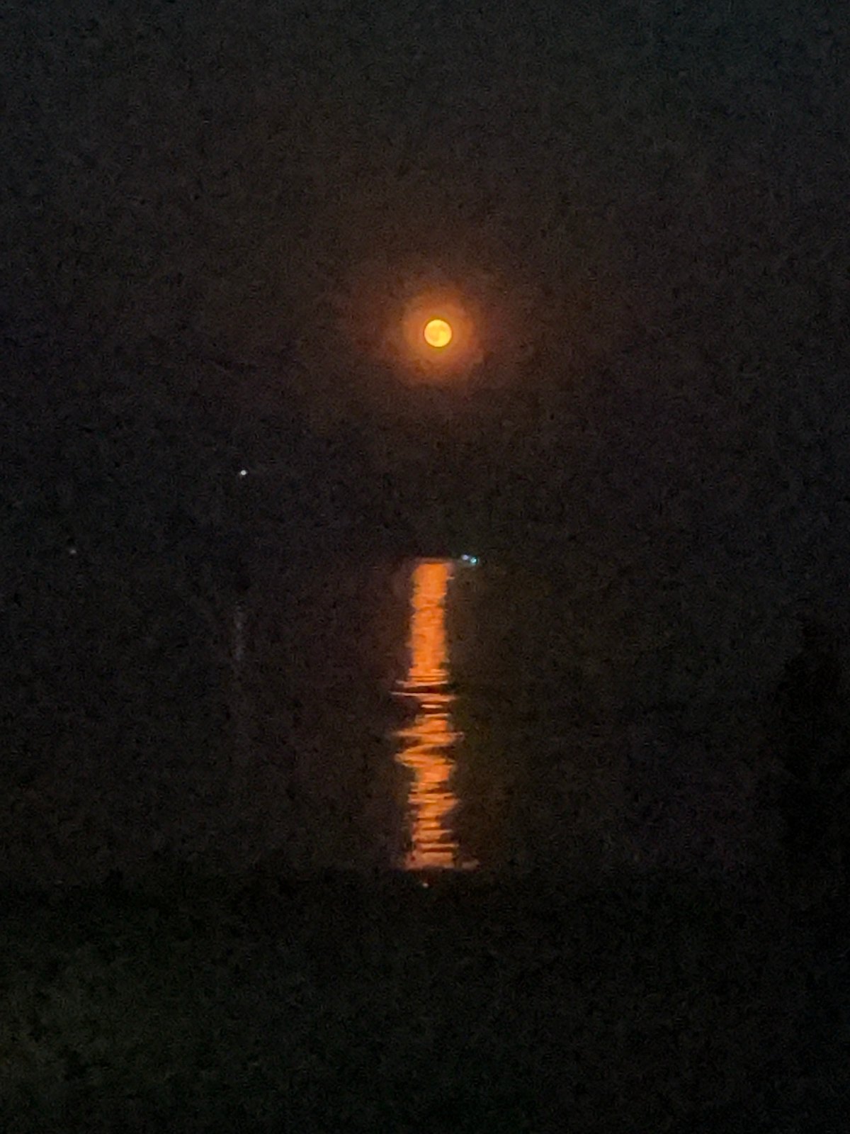 Full moon over water and campfire on a Constance summer night