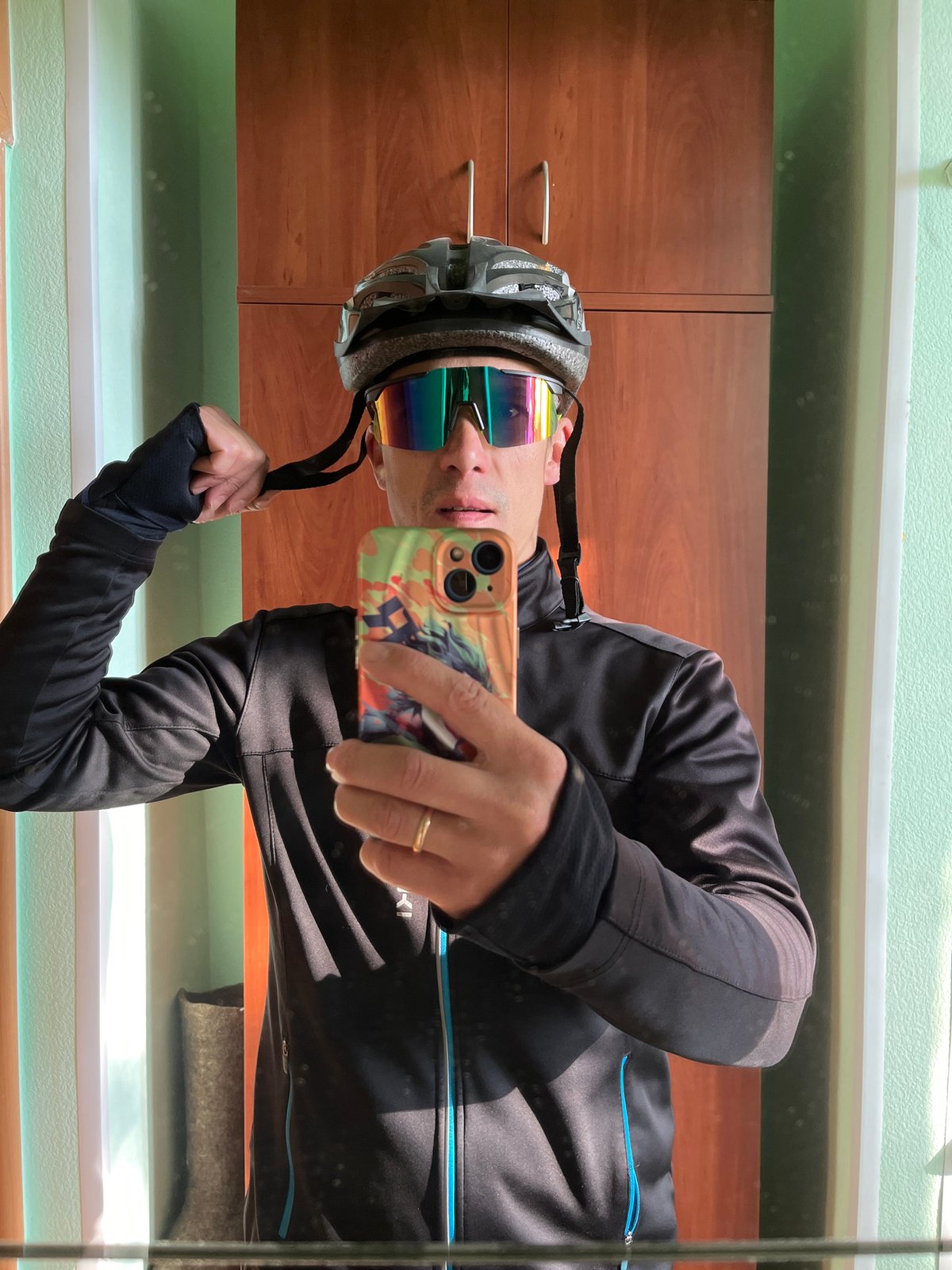 Early morning cyclist stops for selfies in Chaikovsky, Russia