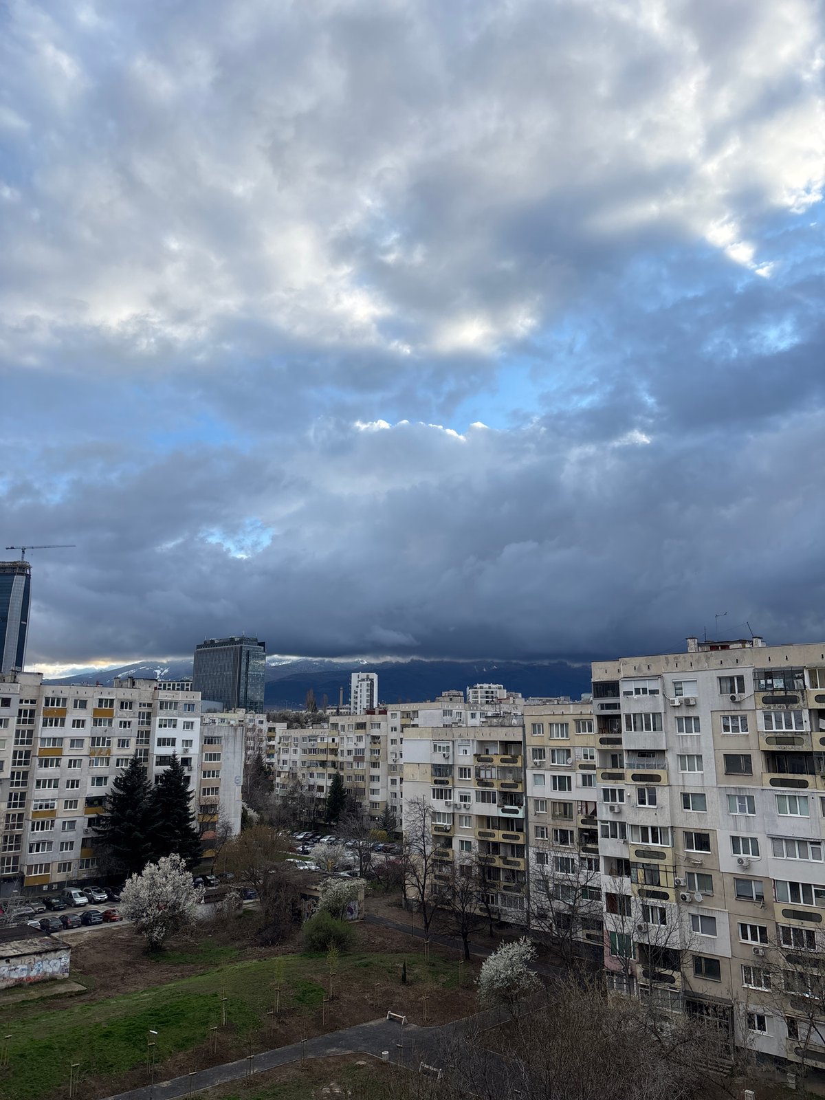 Sofia residential buildings observed with green space foreground