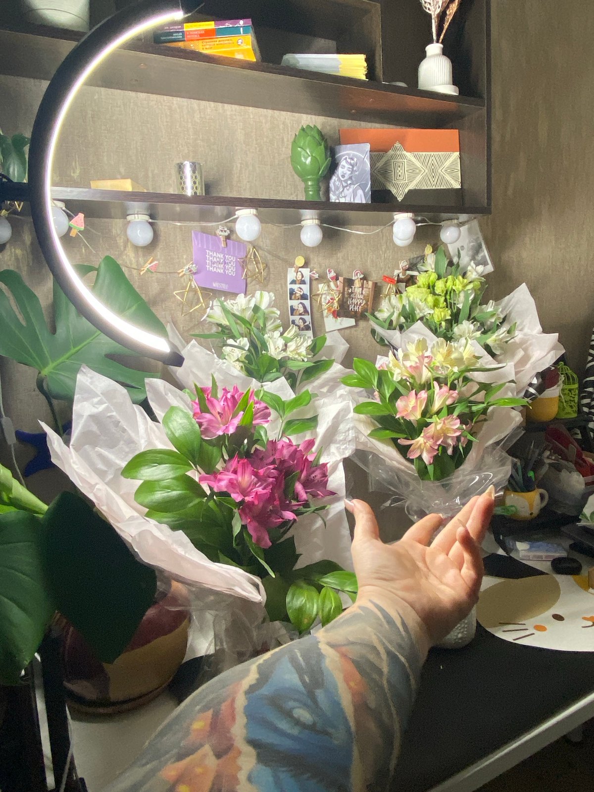 Flower bouquets arranged on table in Chaikovsky, Russia