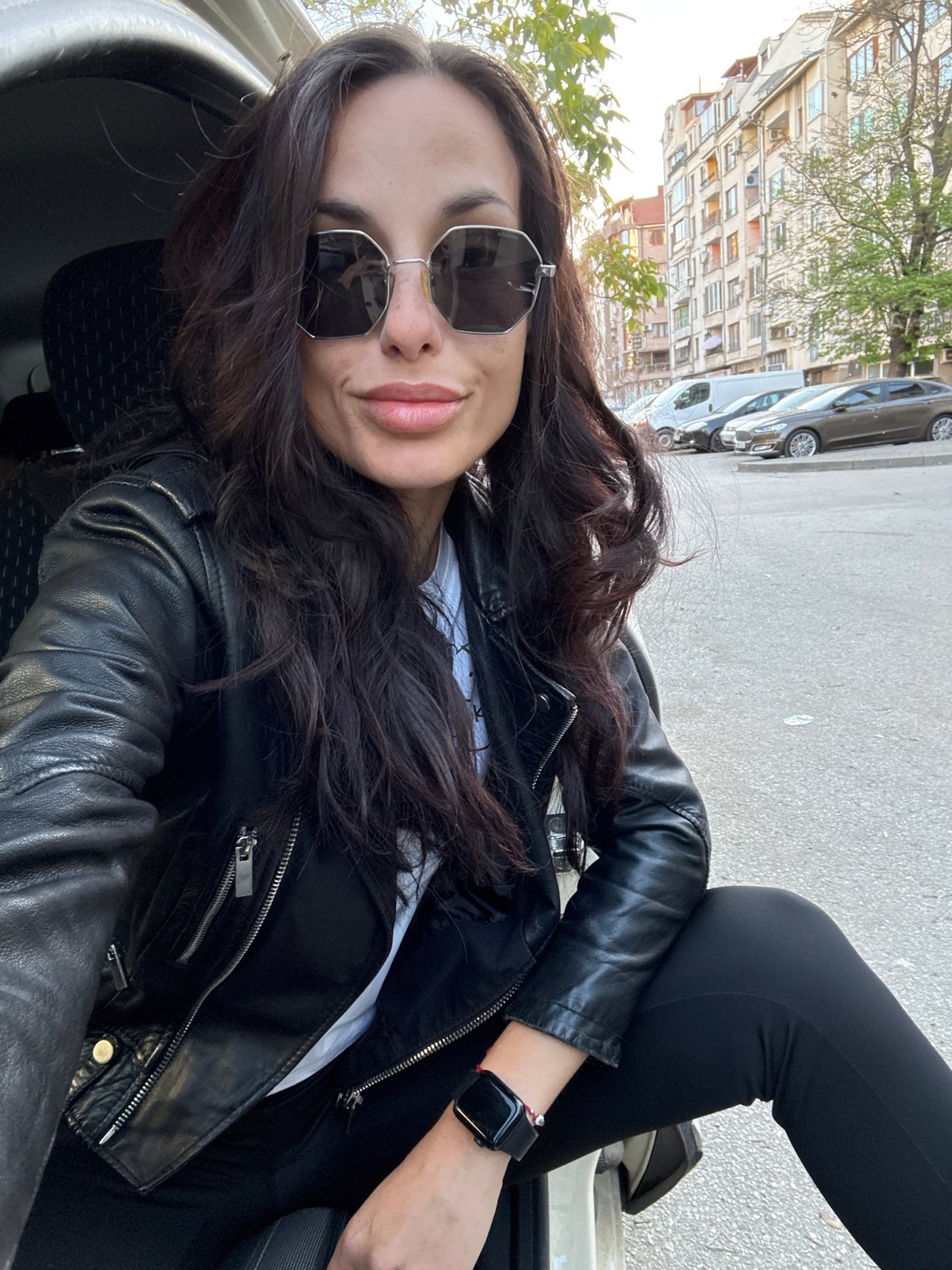 Woman in leather jacket spotted in vehicle, Pleven Bulgaria