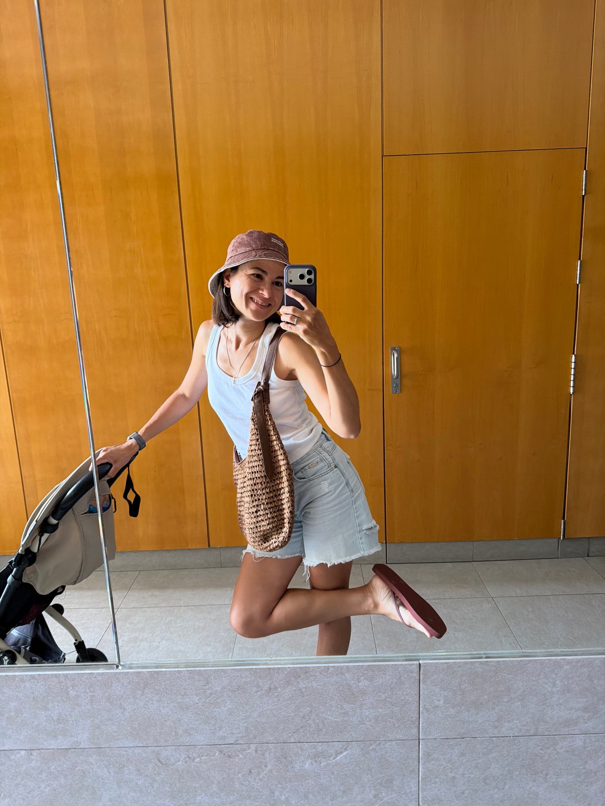 Mirror selfies in a tiled room, summer outfit, Valencia suburbs