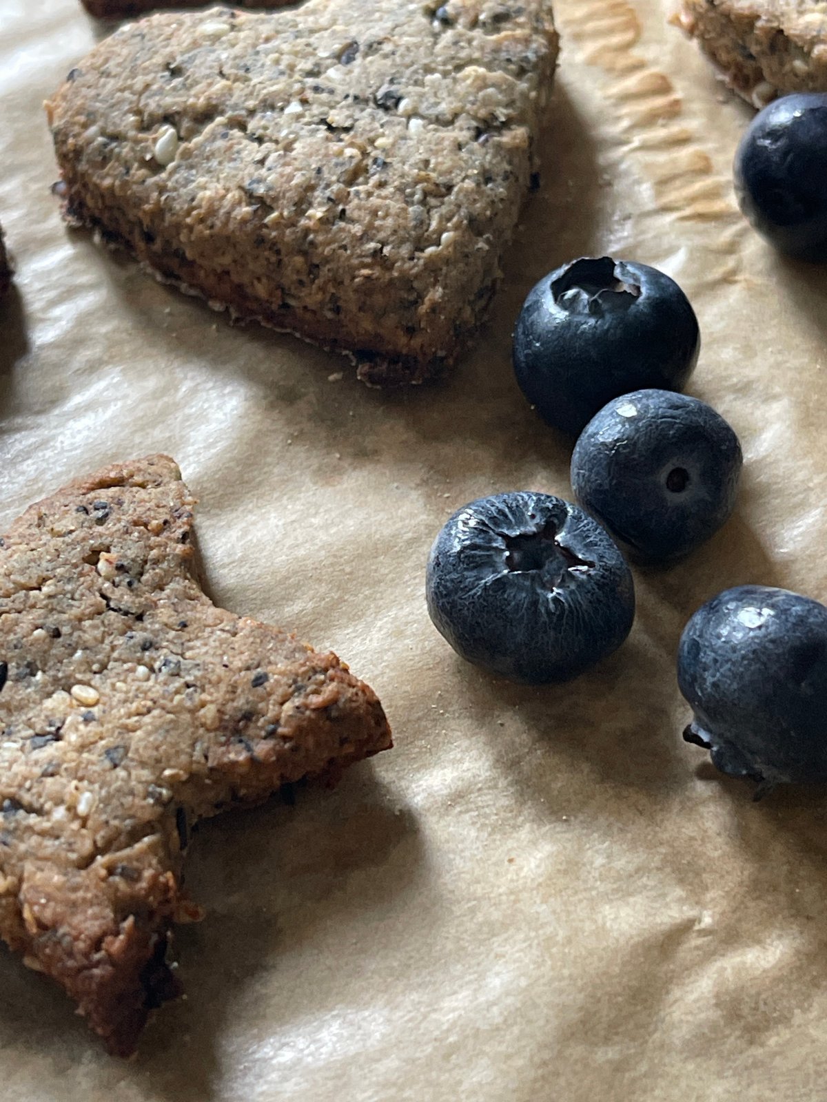 Fresh baked cookies and blueberries arranged on parchment paper