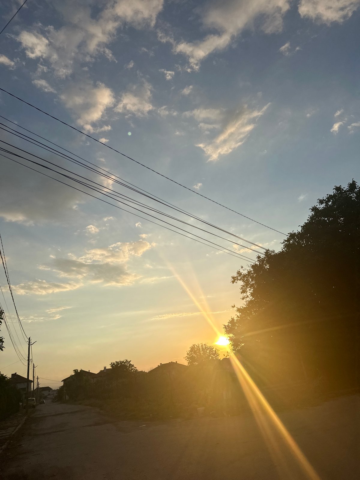 Sunset dog walk through quiet village streets in Malevo, Bulgaria