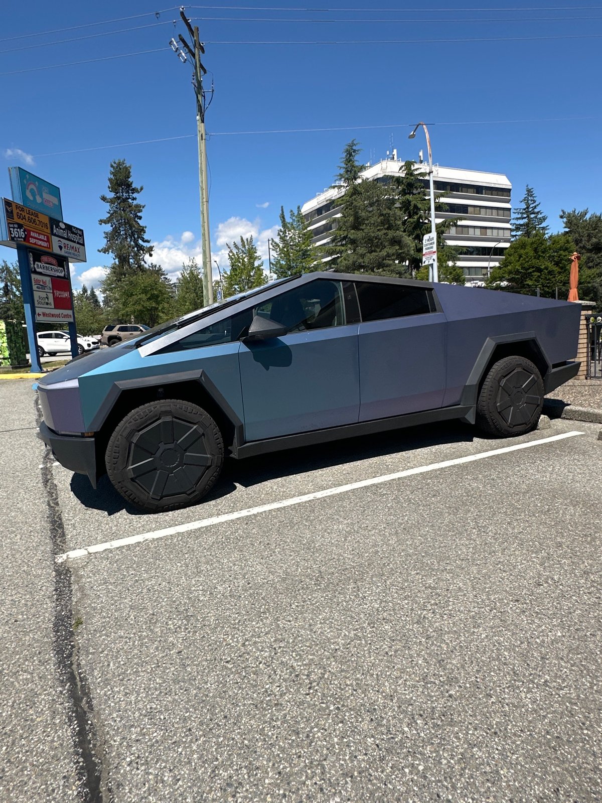 Iridescent-wrapped Cybertruck parked in Port Coquitlam lot