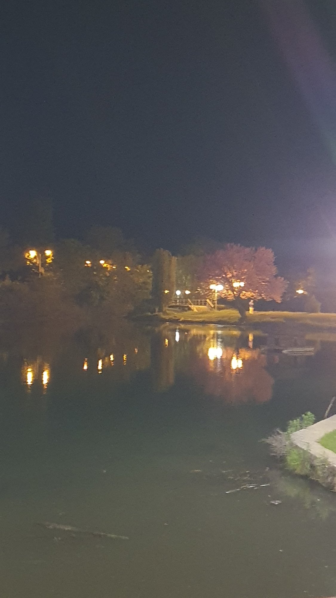 Nighttime waterfront scene captured with reflected lights across water