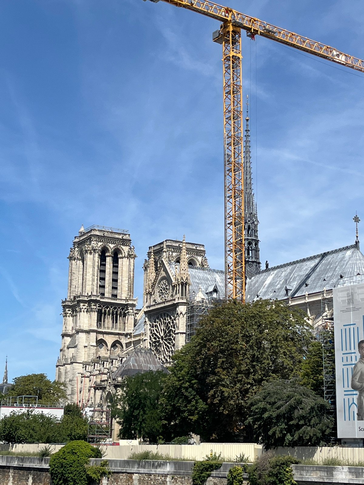 Notre Dame restoration in progress, seen from the Seine