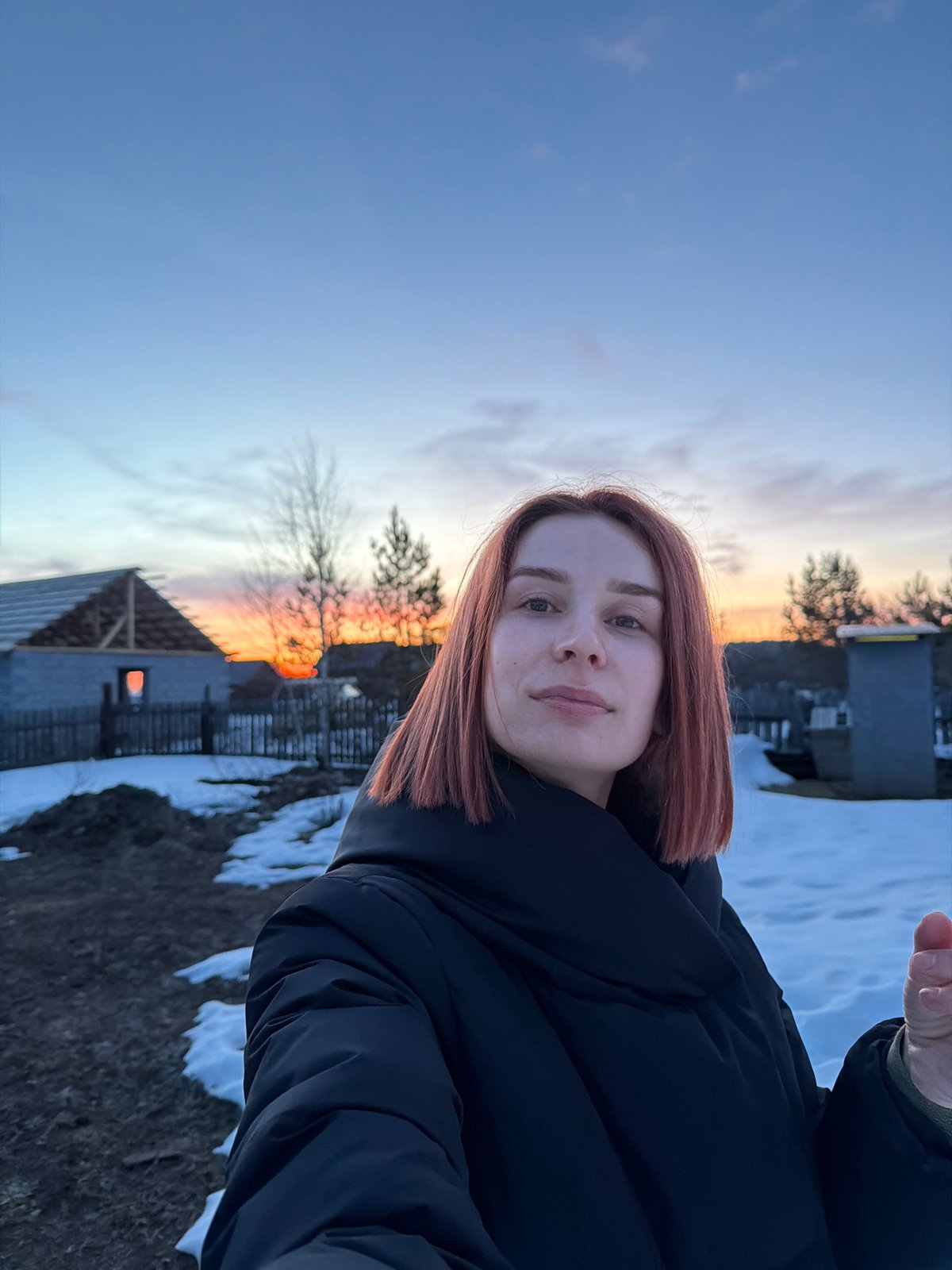 Evening dog walk selfies captured in snowy Chaikovsky, Russia