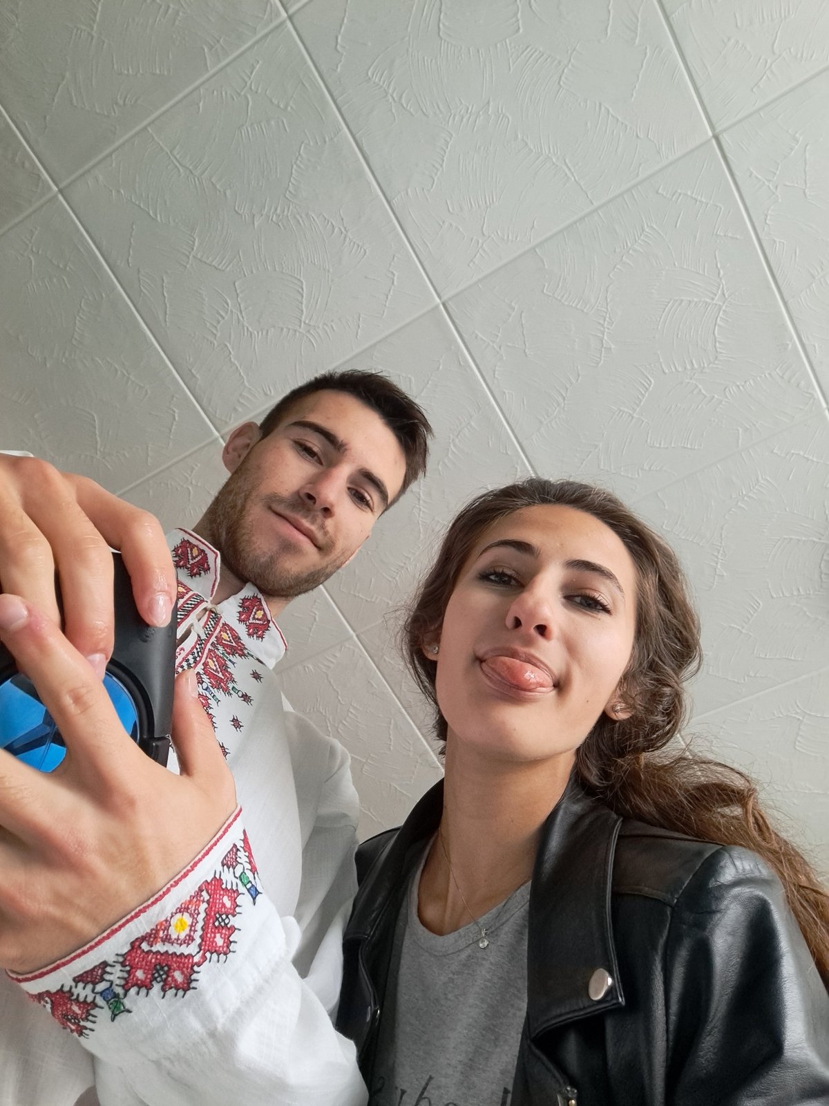 Couple takes morning selfies at home in Bulgaria
