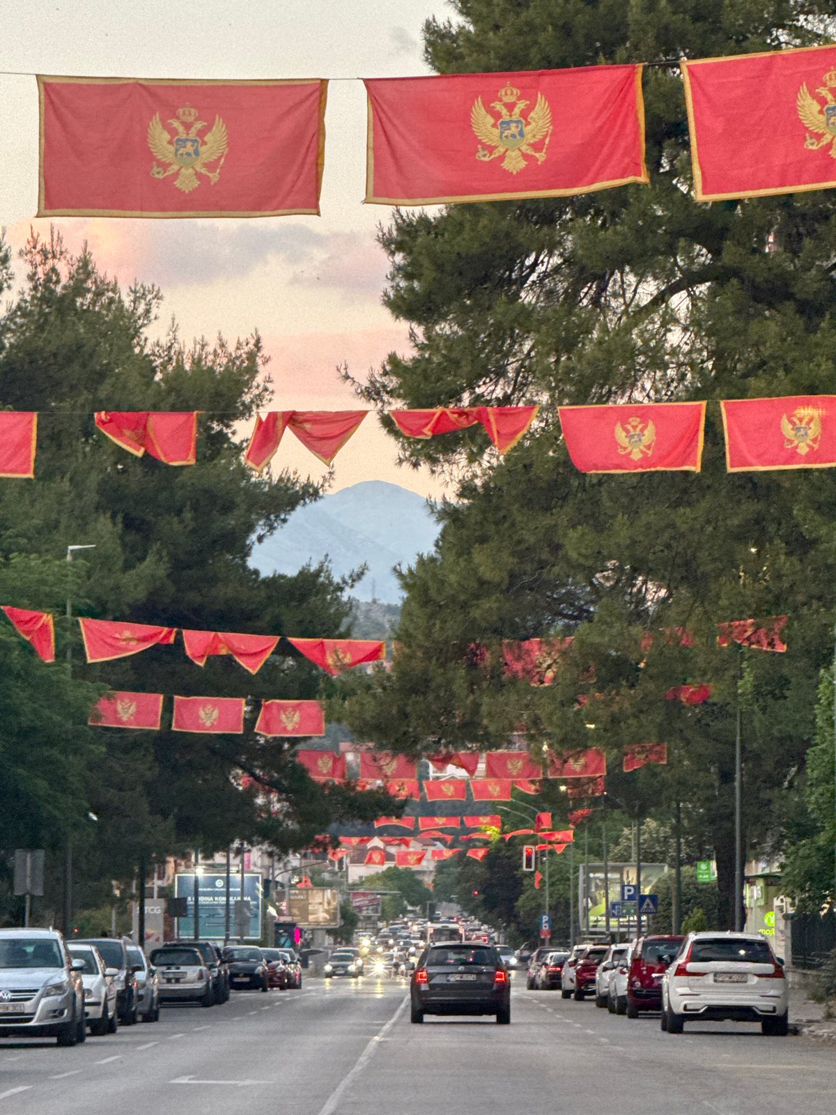 Montenegrin flags line Podgorica street amid normal traffic flow