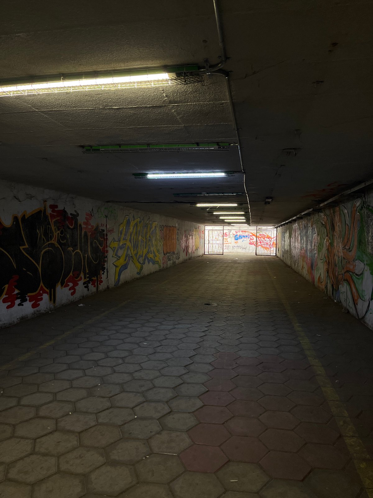 Graffiti-covered pedestrian underpass documented in Plovdiv, Bulgaria