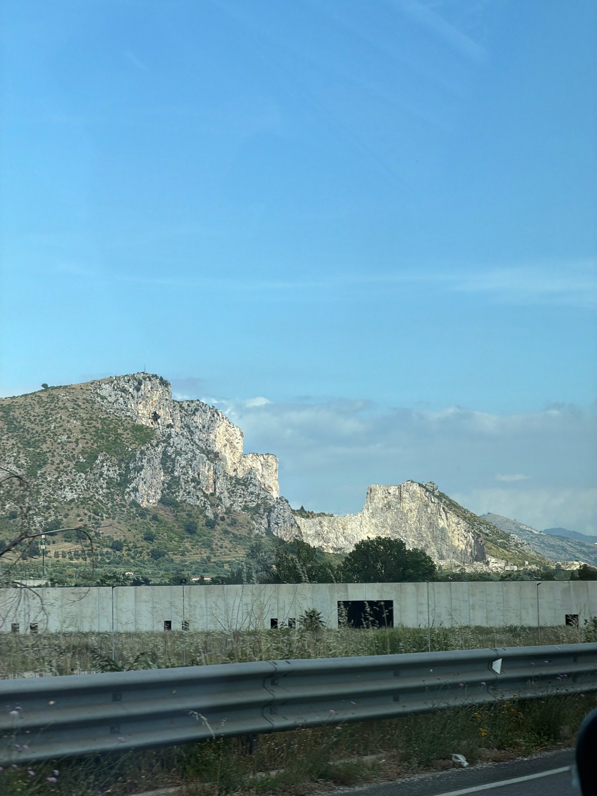 Roadside landscape photographed from moving vehicle in Italy
