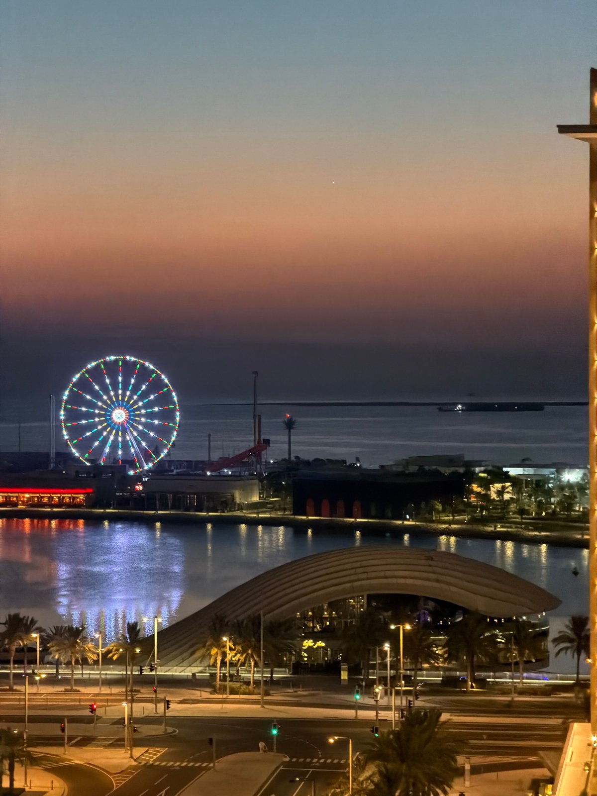 Waterfront Ferris wheel lights up a coastal city after dark
