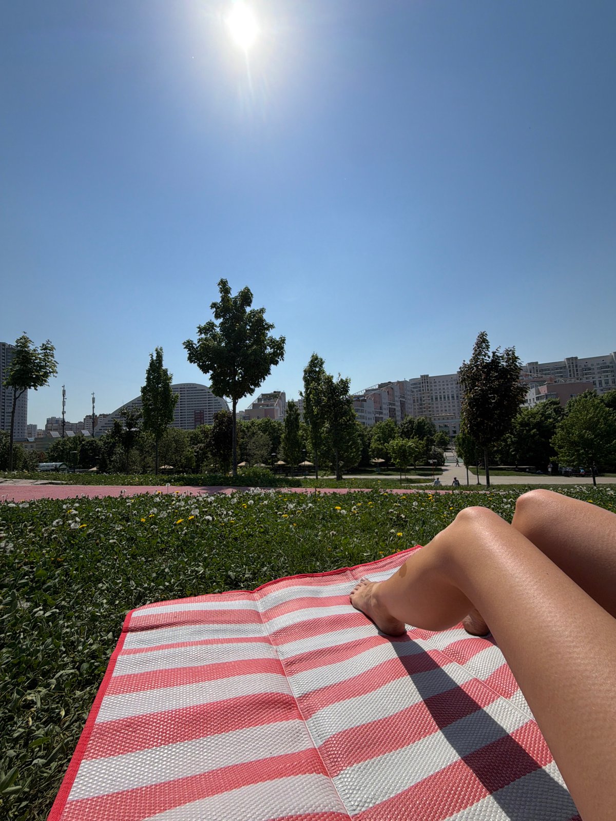 Person relaxes on striped mat in Moscow park