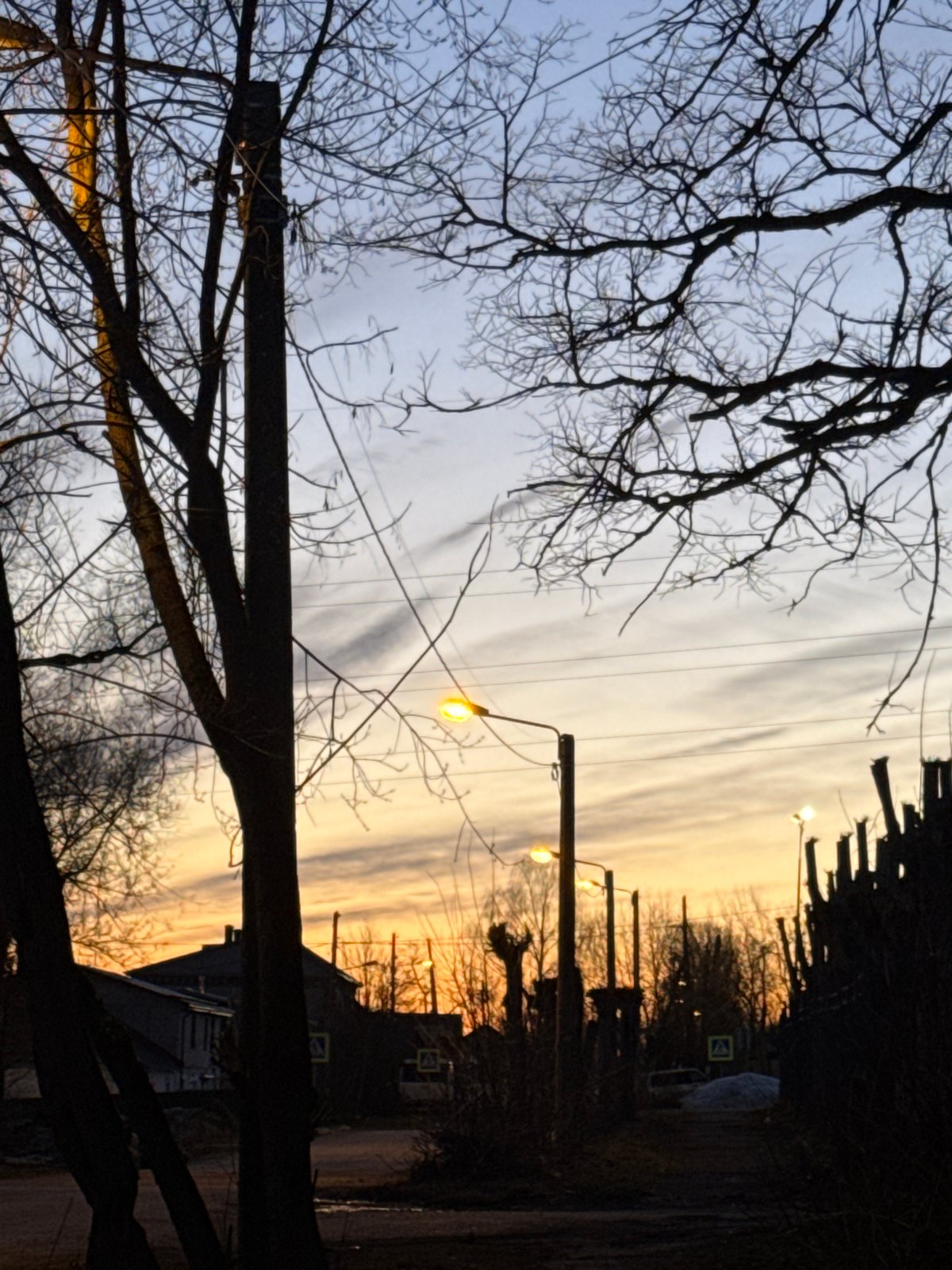 Twilight street scene documented in Usolye, Russia
