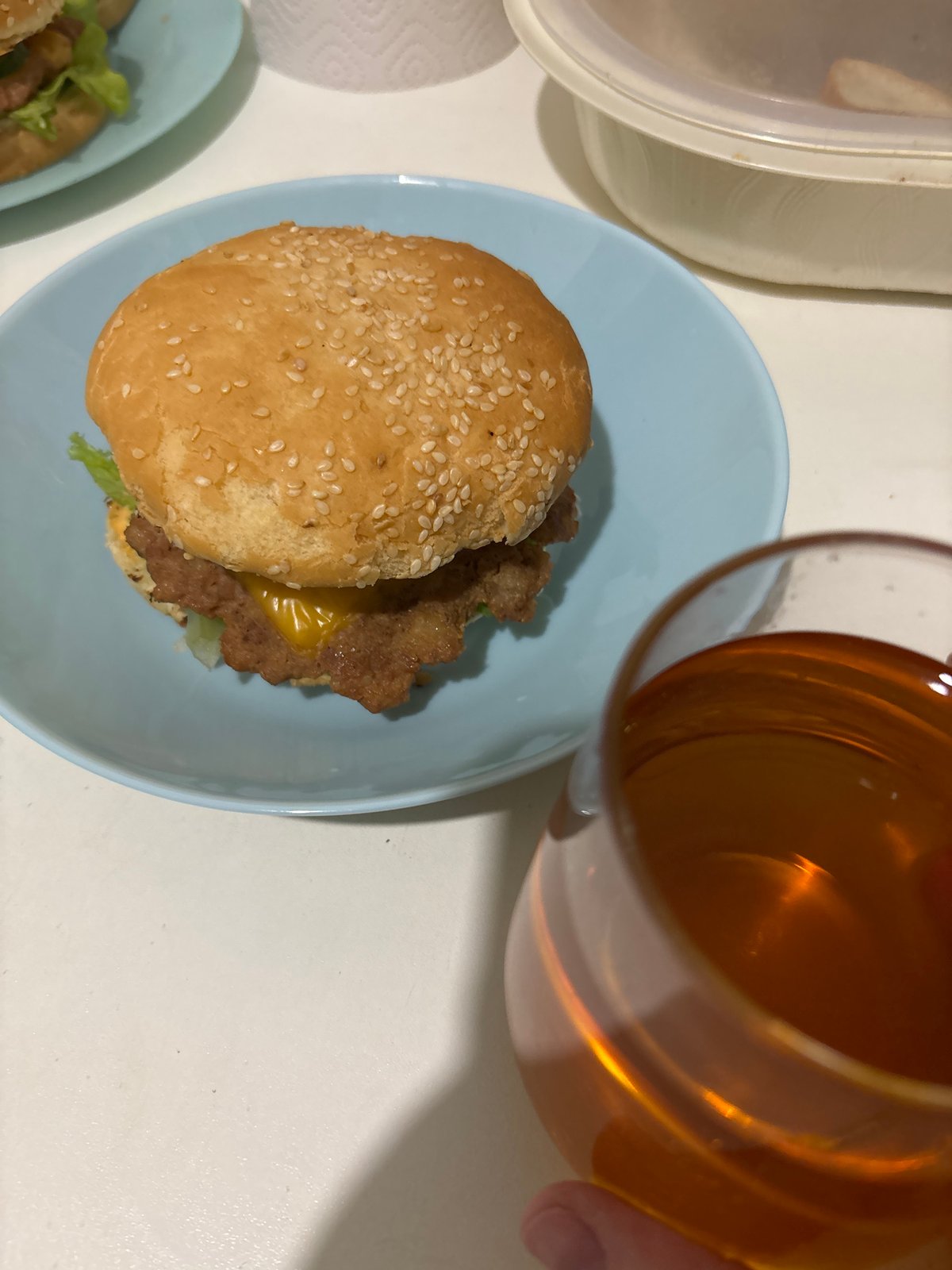 Dinner documented: burgers served on plates in Chaikovsky