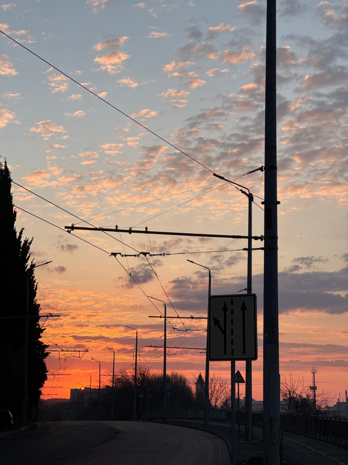 Colorful sunset observed over Burgas, Bulgaria trolleybus lines