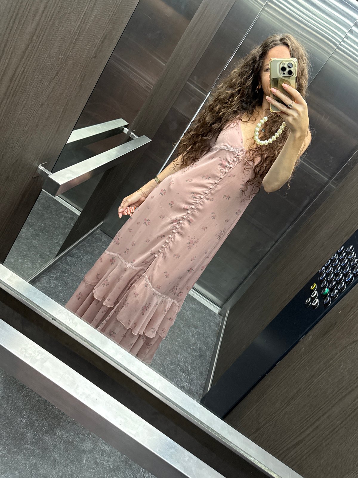 Pink floral dress selfies before heading out, Khimki