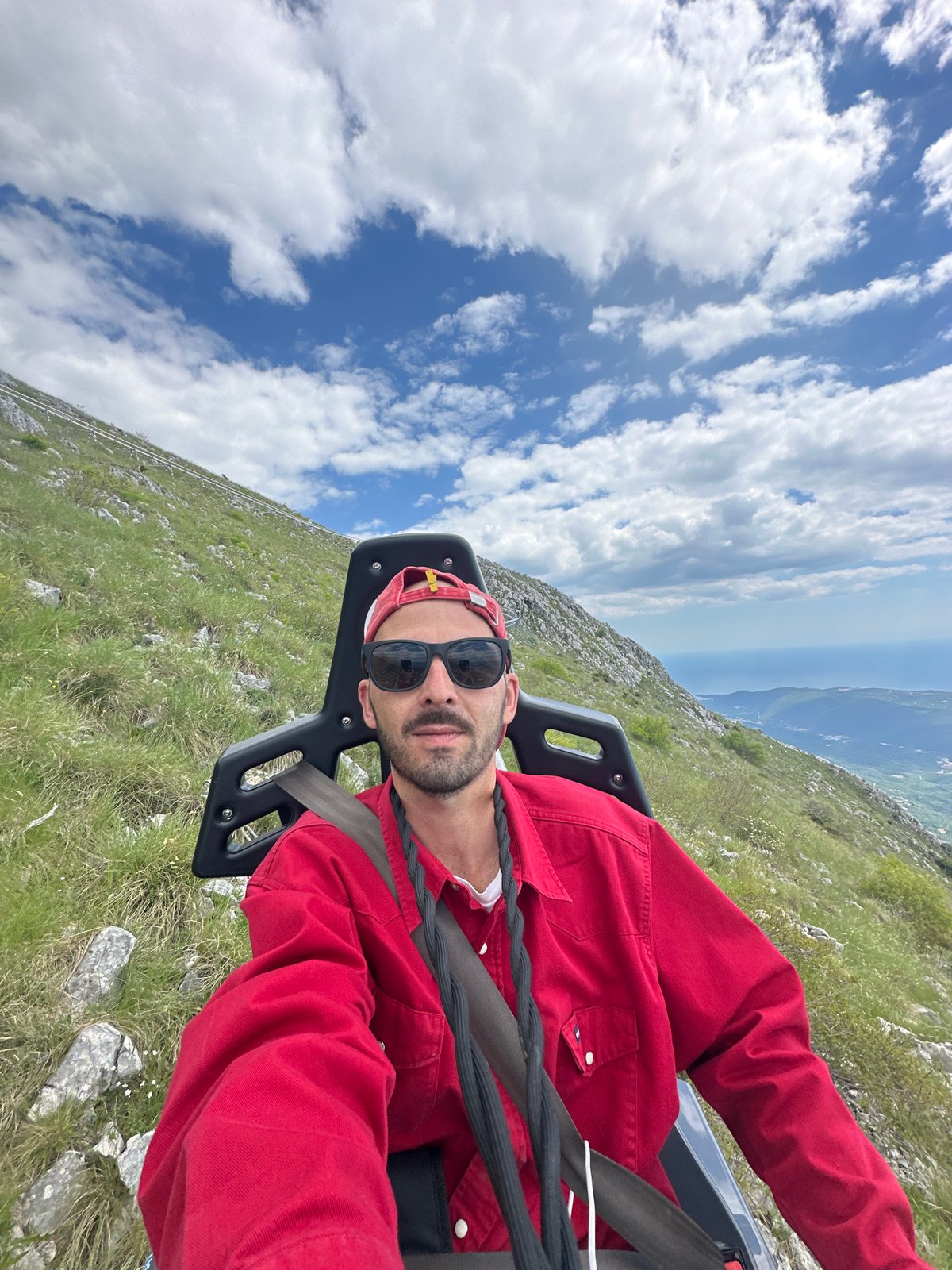 Tourist ziplines over Montenegro mountain landscape near Radanovići