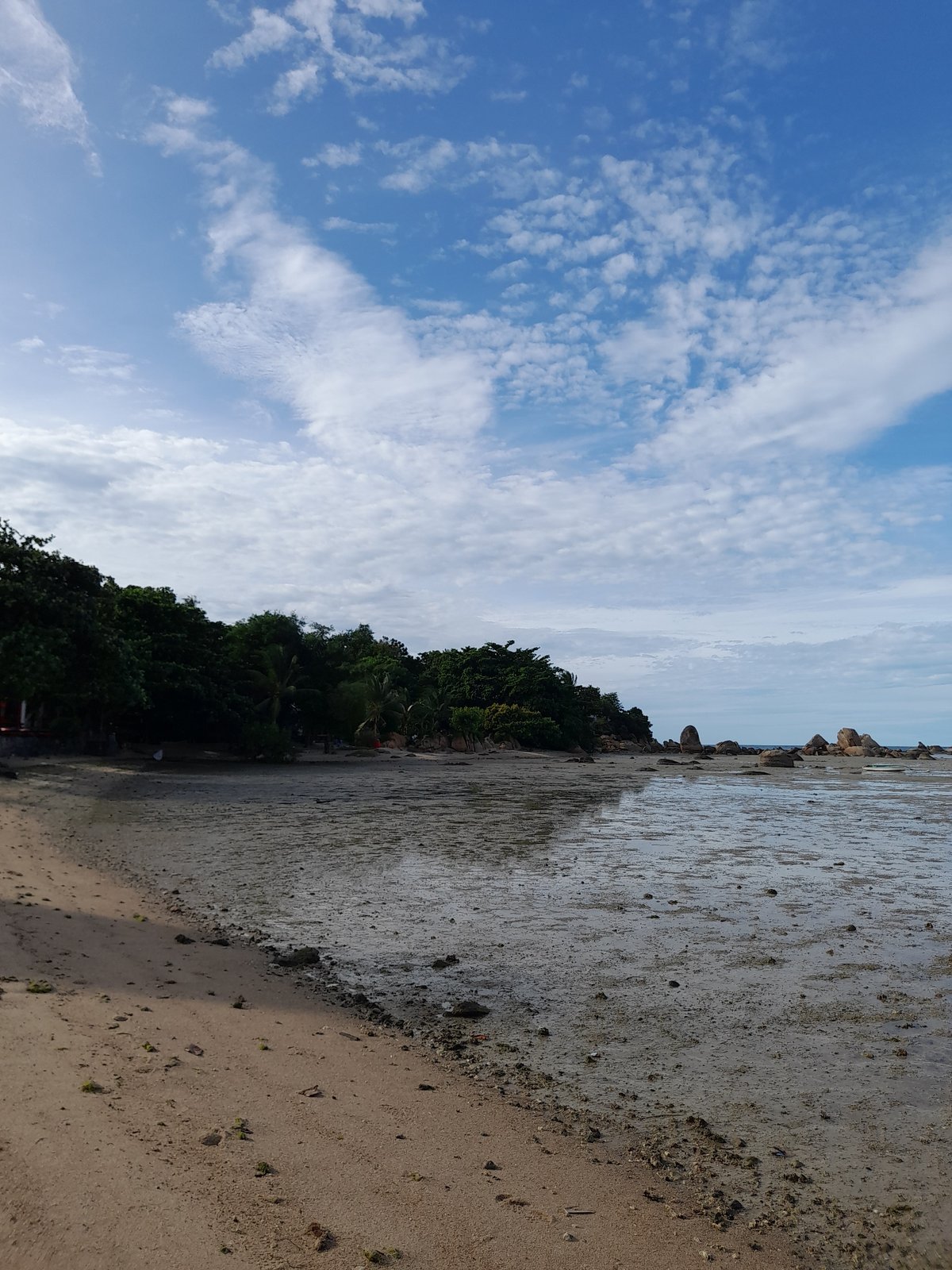 Low tide beach scenes with rocky shores and resort amenities
