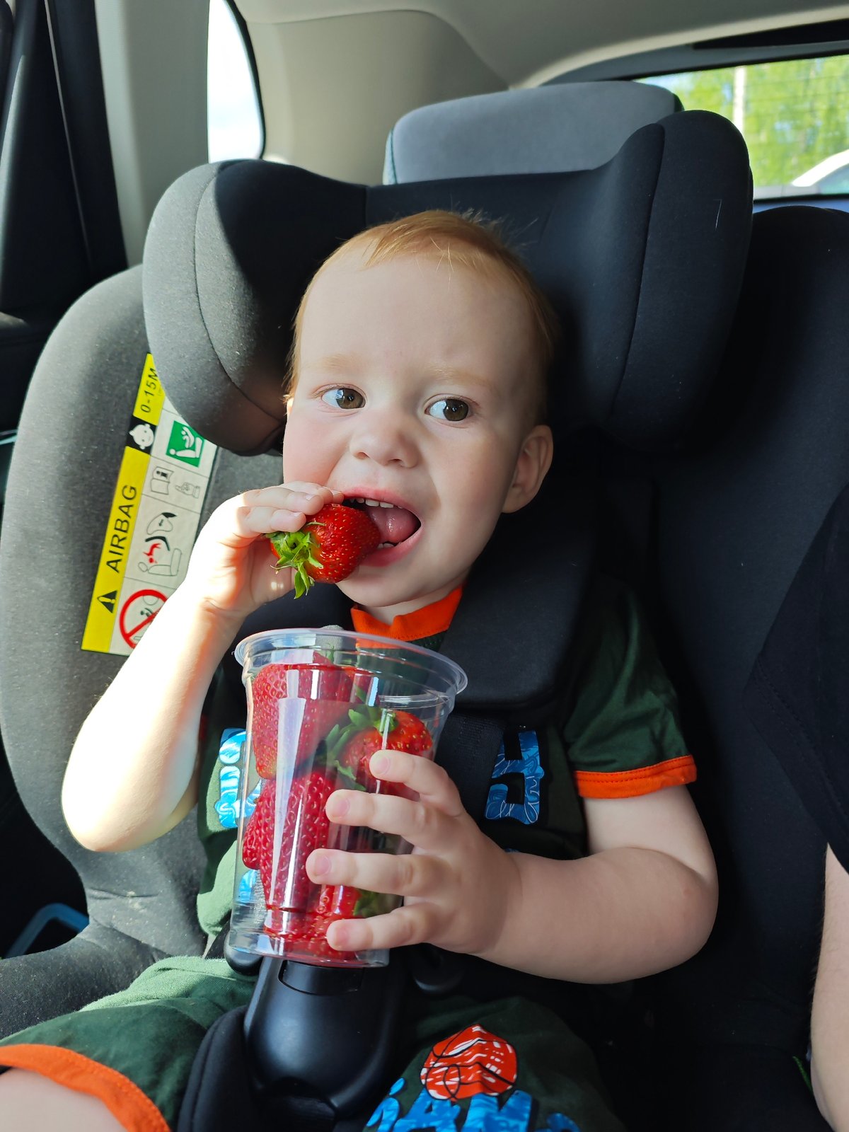 Mother and toddler share strawberries in car, Chaikovsky