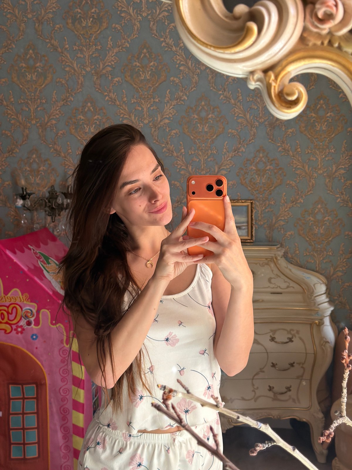 Mirror selfie series in an ornate Ufa interior, June 2026