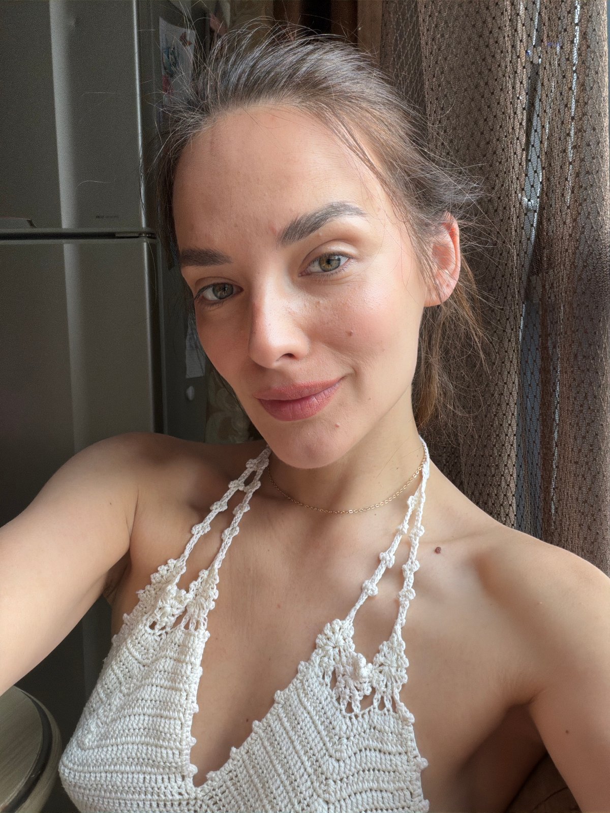 Back-to-back selfies in Ufa, white crochet top, summer vibe.