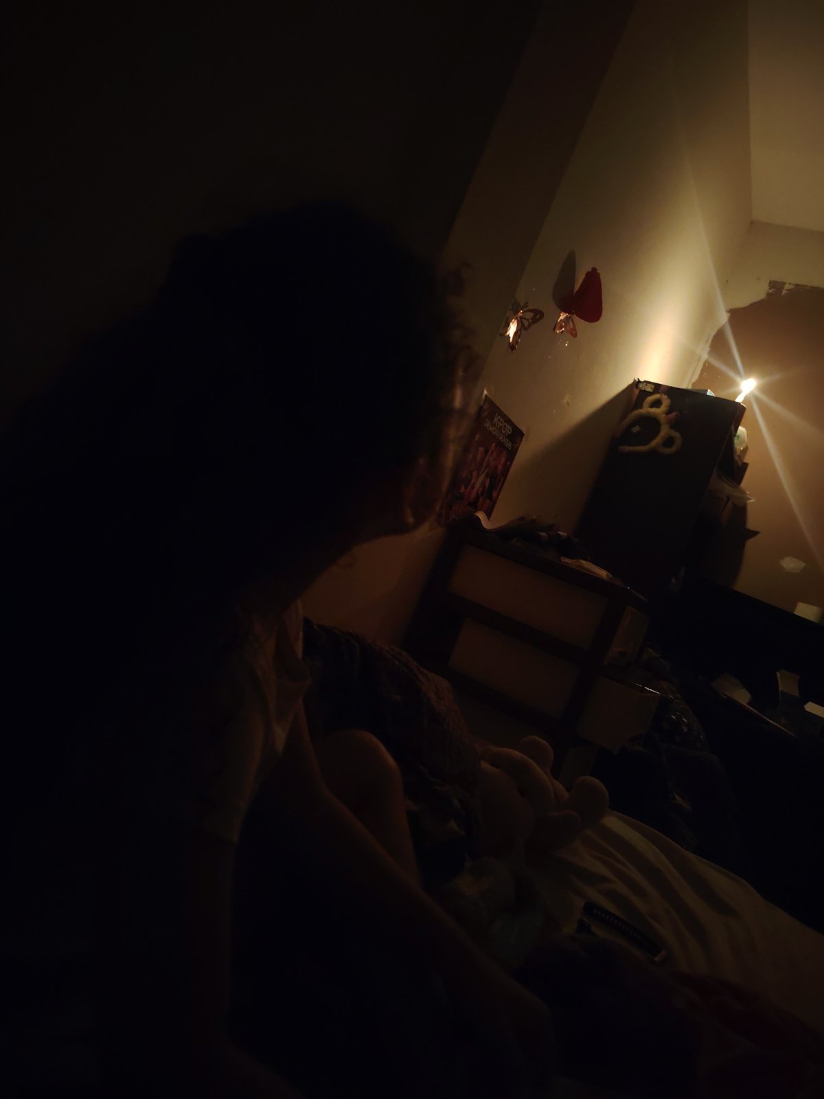 Person observed in dimly lit room with butterfly decorations