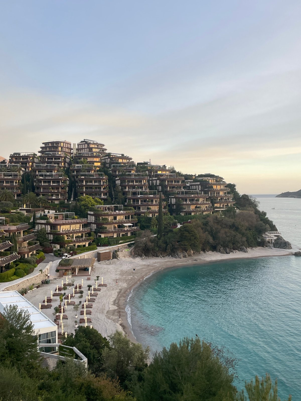 Sunset observed over Budva Montenegro coastal resort area
