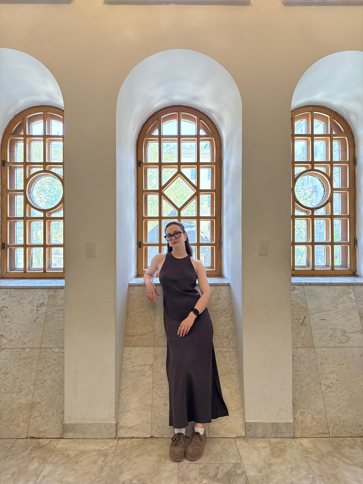 Woman observed in Moscow university library building interior