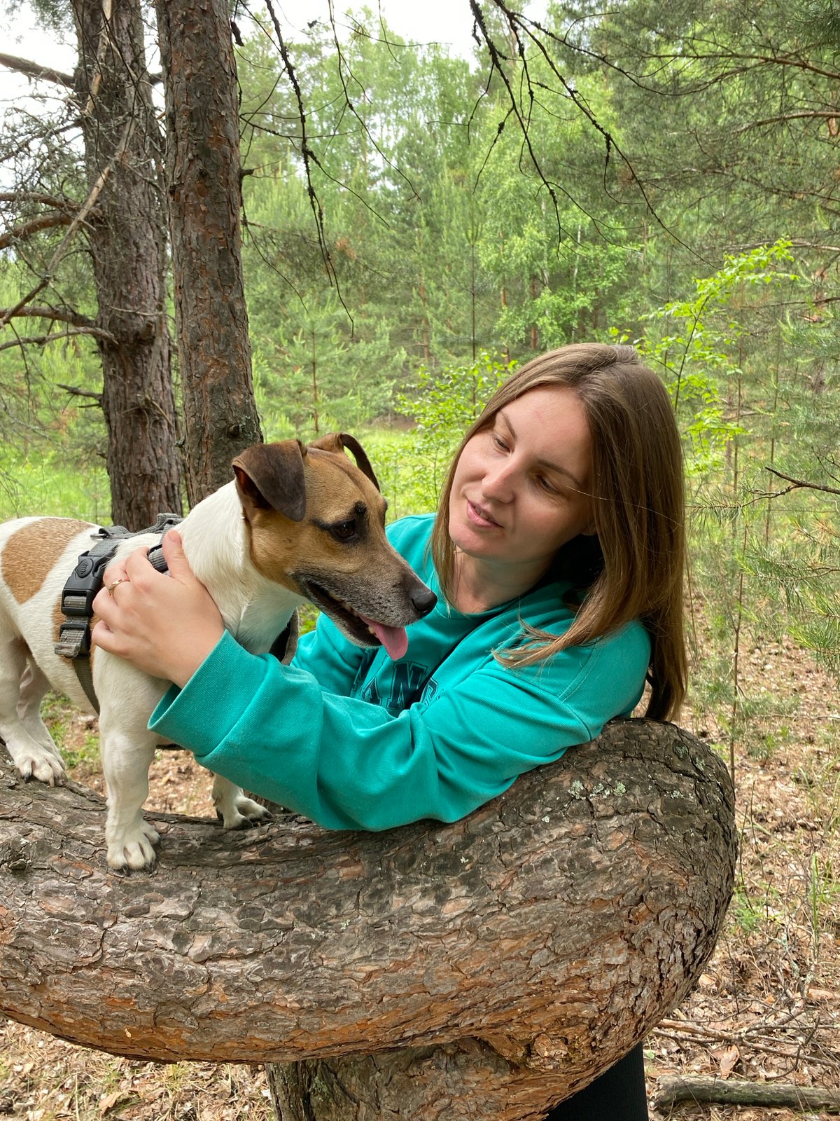 Woman and dog enjoy forest outing in Noviy, Russia