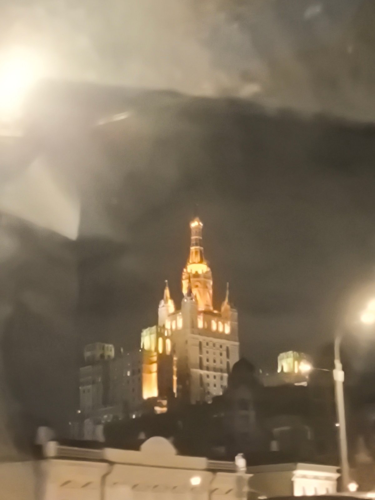 Nighttime drive captures Moscow's illuminated Stalinist architecture